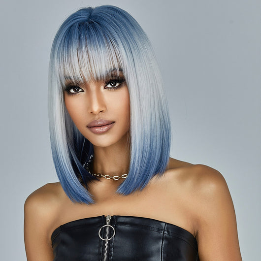 Peluca Corta Gradiente Azul con Flequillo Cabello Liso Natural - Image 7
