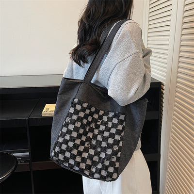 Bolsa Tote de Mezclilla Lavada con Patrón Escocés y Gran Capacidad - Image 4