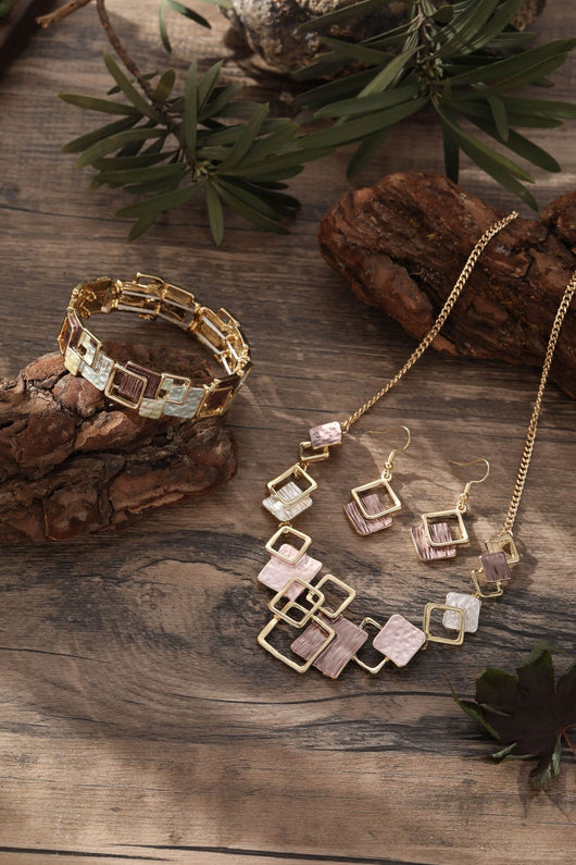 Conjunto de Aretes, Pulsera y Collar con Cuadrados Geométricos Pintados en Óleo - Image 14
