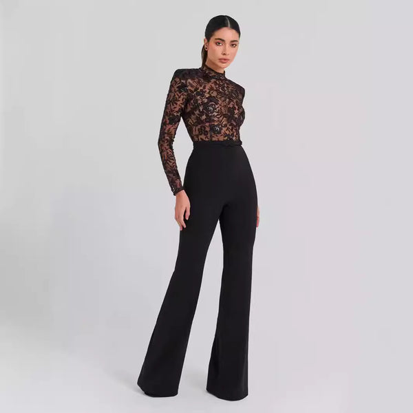 Jumpsuit de Encaje Transparente con Manga Larga para Eventos