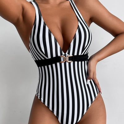 Traje de Baño Entero a Rayas Blanco y Negro