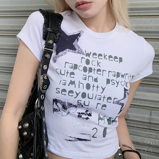 Playera Estampada Graffiti Stars Cuello Redondo Ajustada para Mujer