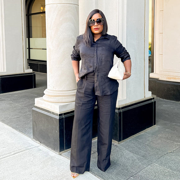 Conjunto Casual Mujer: Camisa Suelta Manga Larga + Pantalón Ancho