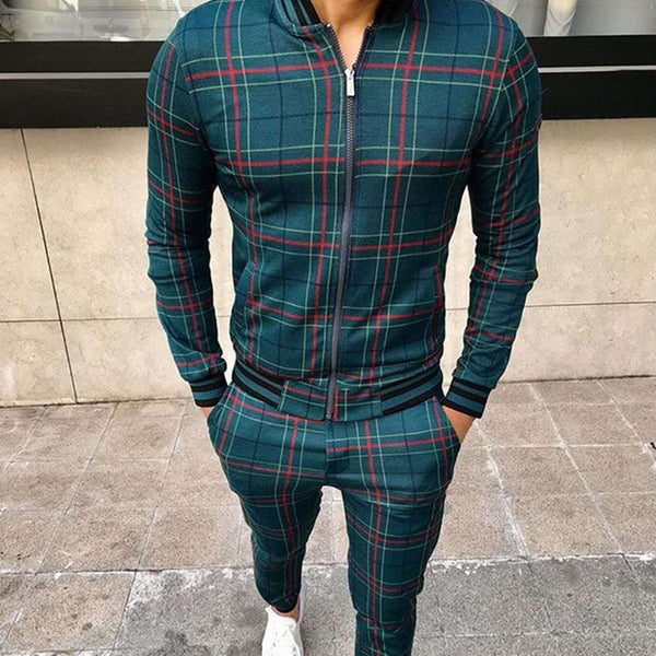 Conjunto Deportivo para Hombre con Diseño de Cuadrícula y Cierre - Pantalón Ajustado