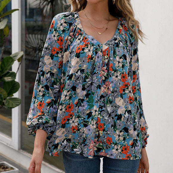 Blusa Floral Suelta Manga Larga Escote en V