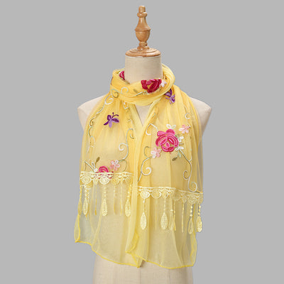 Pañuelo Floral Doble Capa con Bordado y Flecos para Mujer - Image 12