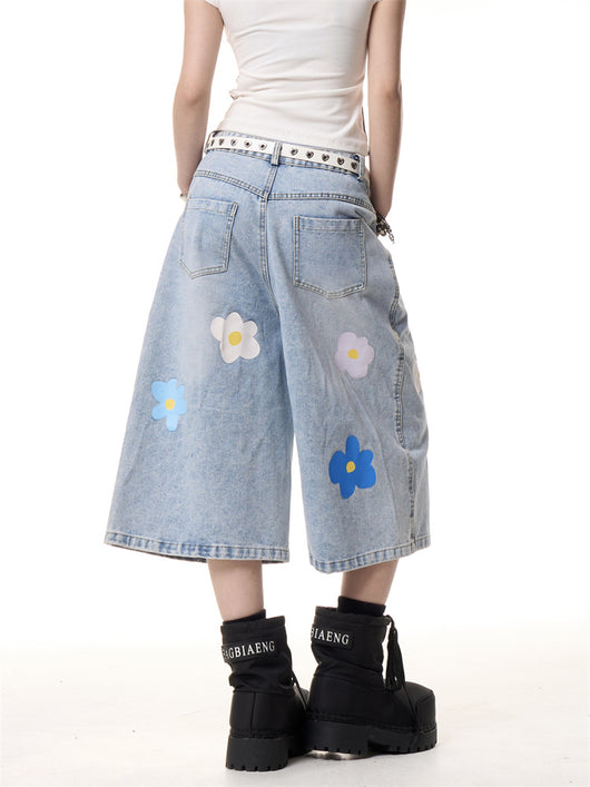 Pantalón Vaquero Vintage Cropped de Pierna Recta con Flores para Mujer - Image 4