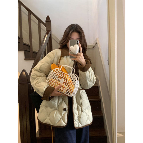 Abrigo Invierno Diseño Solapa Bicolor Estampado Diamante