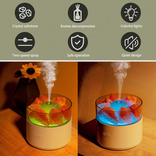 White cool-mist humidifier and aroma diffuser with glowing blue LED lights and orange crystal salt rocks, emitting mist. - Image 5