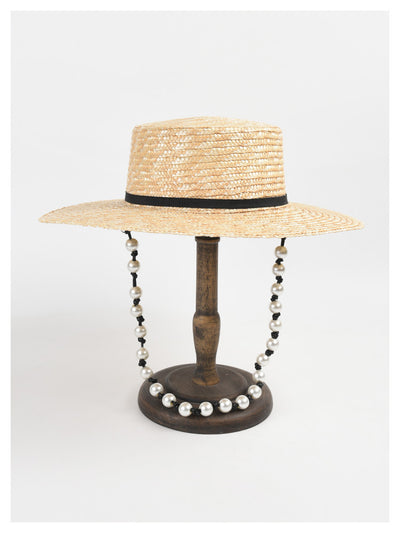 Sombrero de Paja Plano con Cadena de Perlas - Protección Solar Elegante - Image 6