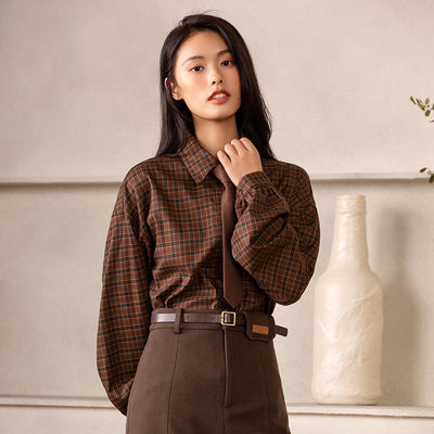Camisa Preppy de Cuadros con Corbata Integrada de Manga Larga para Mujer - Image 10