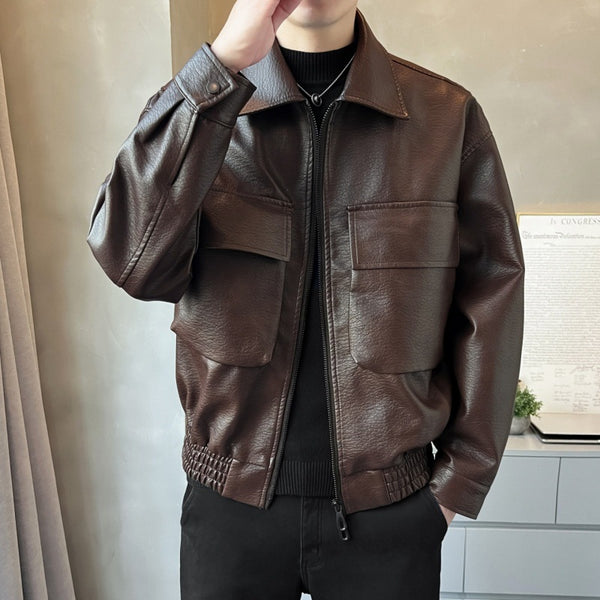 Chaqueta de Cuero PU Estilo Americano para Hombre con Cierre Doble