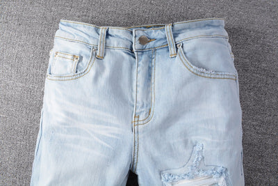 Pantalones Jeans Slim Fit Azul Claro Rotos con Parches para Hombre - Image 10