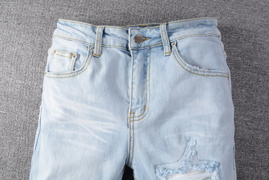 Pantalones Jeans Slim Fit Azul Claro Rotos con Parches para Hombre - Image 10
