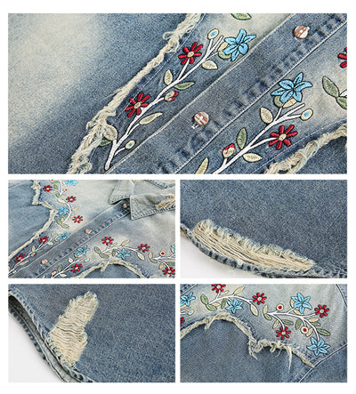 Camisa Denim Vintage Desteñida con Bordado Floral y Costuras Artesanales - Image 7