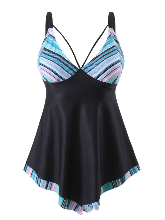 Plus size women's navy blue tankini swimsuit with white striped V-neck top and matching flared handkerchief hem. - Image 2