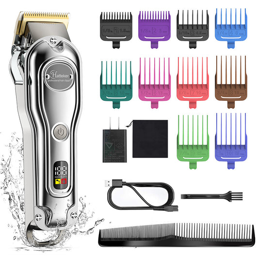 Hatteker professional electric hair clipper with gold blade, LED display, 10 colorful guide combs, USB cable, comb, and cleaning brush. - Image 10