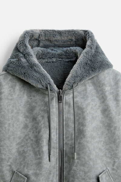 Chaqueta Bomber Reversible con Capucha de Cuero Sintético para Hombre - Image 12
