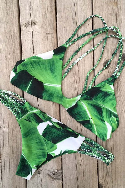 Conjunto de Bikini con Estampado de Hojas y Cuerda Trenzada