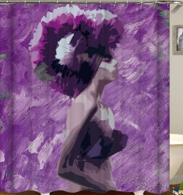 African girl digital print shower curtain featuring an abstract purple design with a woman wearing a large floral headdress. - Image 3
