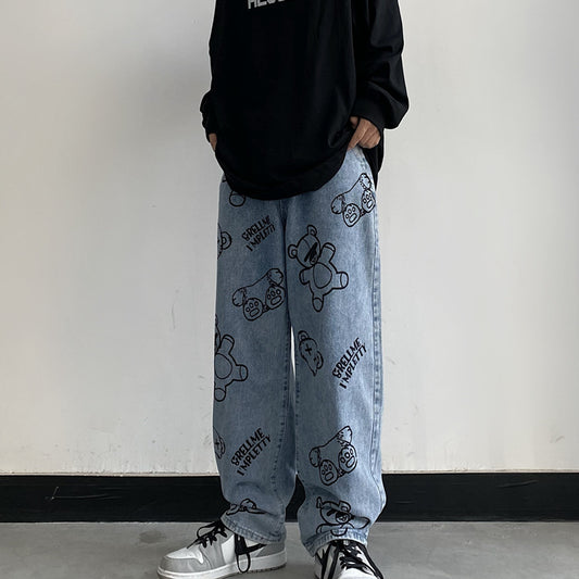 Pantalones Retro Estampado Caricatura Cintura Alta Ancho Cómodo
