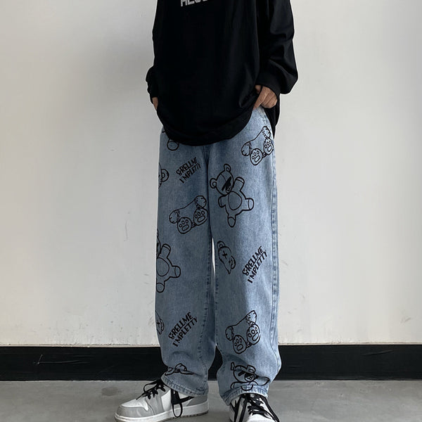 Pantalones Retro Estampado Caricatura Cintura Alta Ancho Cómodo