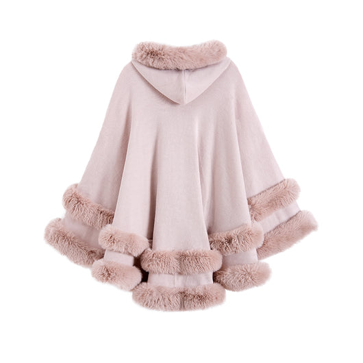Poncho Abrigo Tejido Oversized con Capucha y Cuello de Pelaje Artificial - Image 4