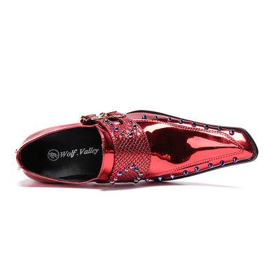 Zapatos de Cuero Ejecutivos Coreanos Hombre Punta Aguda Charol Grabado Vino Tinto - Image 13
