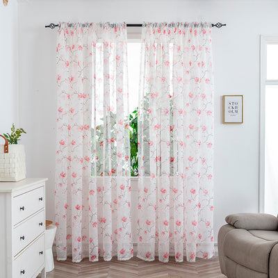 Sheer white mesh curtains with purple and light blue floral patterns, hung on a black rod in a bright room. - Image 12