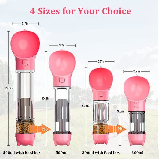 Four teal pet multi-functional water bottles, two with food boxes, in 300ml and 500ml sizes. - Image 25