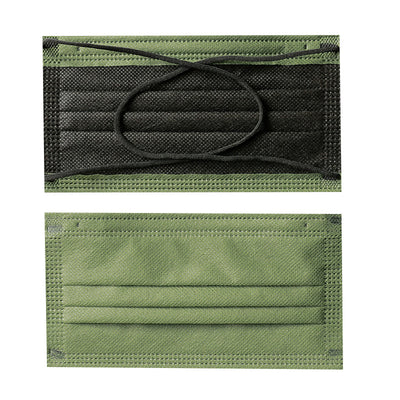 Black and sage green disposable protective mask with crossed ear straps, showing pleated design and non-woven fabric. - Image 17