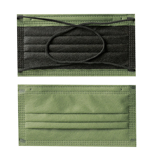 Black and sage green disposable protective mask with crossed ear straps, showing pleated design and non-woven fabric. - Image 17