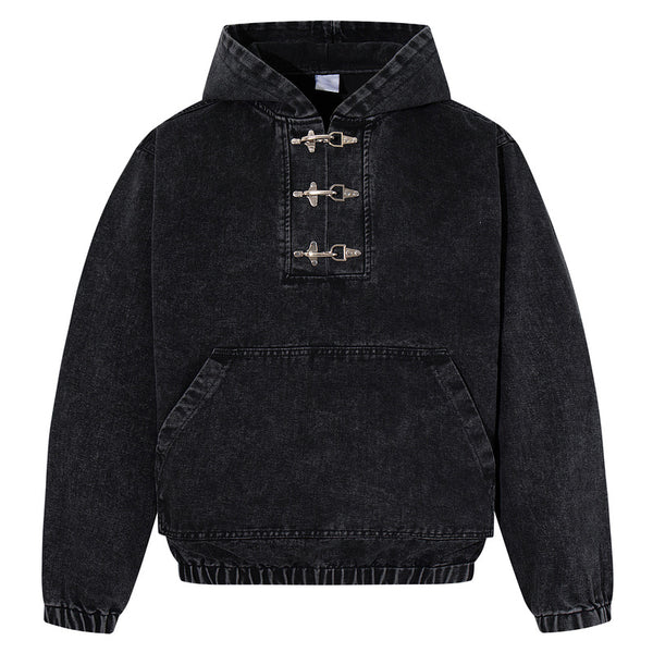 Sudadera Negra para Hombre con Lavado Desgastado y Detalles de Cierre de Langosta