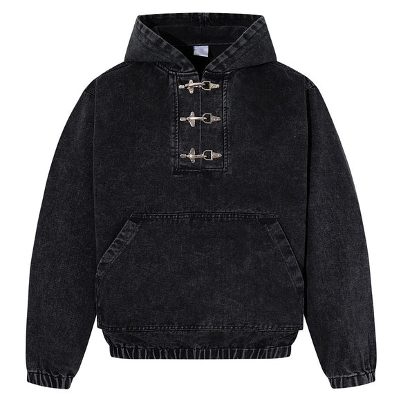 Sudadera Negra para Hombre con Lavado Desgastado y Detalles de Cierre de Langosta