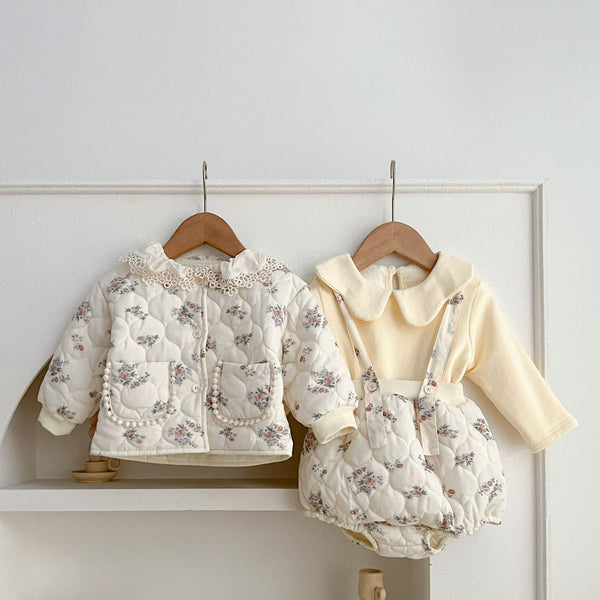 Traje de Bebé Niña Estilo Coreano Invierno con Encaje y Bolsillos - Conjunto Dos Piezas