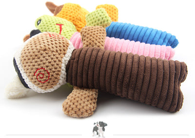 Yellow and blue plush dog toy with ribbed body, alongside a blue dog raincoat with hood and reflective strips. - Image 14