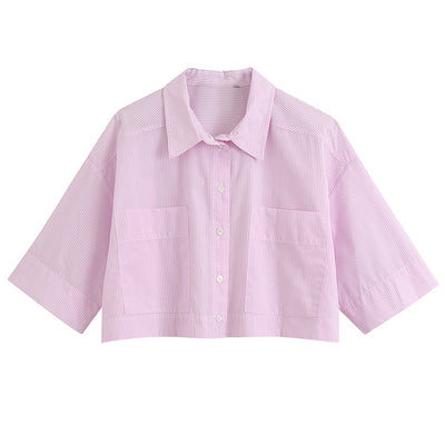 Camisa Rayada de Manga Corta con Solapa y Doble Bolsillo - Image 5