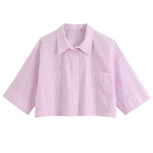 Camisa Rayada de Manga Corta con Solapa y Doble Bolsillo - Image 5
