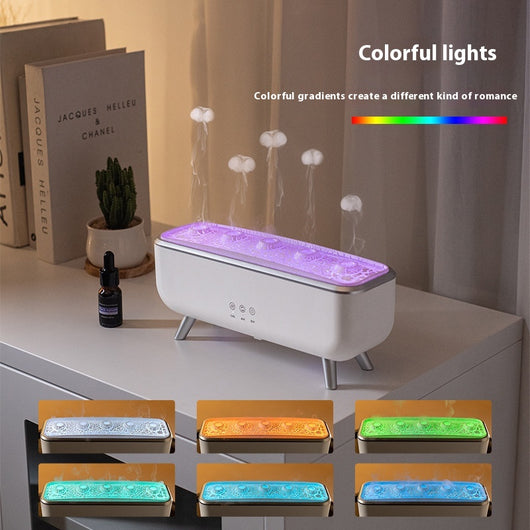 White rectangular ultrasonic humidifier with a textured top, silver legs, and control icons for mist, rotation, and light. - Image 4
