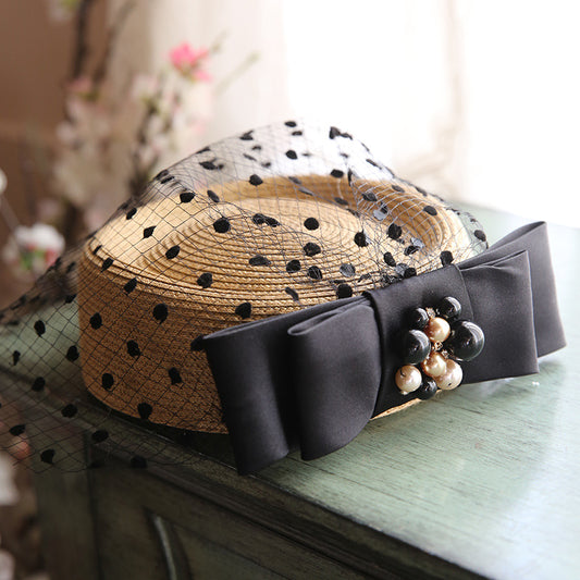 Sombrero de Paja Vintage con Velo y Lunares Negros