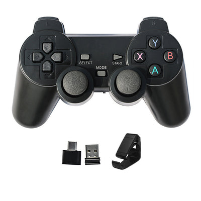 Black 2.4G wireless gamepad with USB receiver, USB-C adapter, and phone clip for Android TV, PC, and STEAM. - Image 2