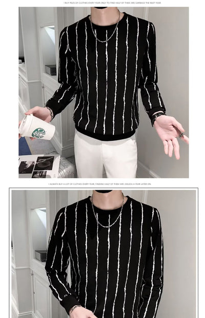 Suéter Ajustado a Rayas Cuello Redondo para Hombre - Image 11