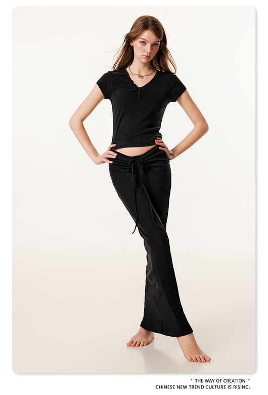 Blusa Retro Americana Slim Fit Cuello V Manga Corta - Image 17