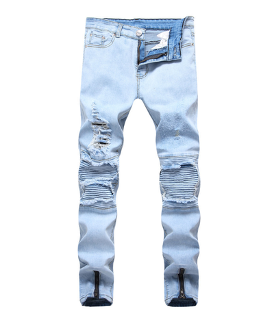 Pantalones Vaqueros Motociclista para Hombre con Roturas y Cierre Lateral