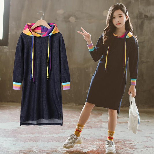 Vestido Infantil Manga Larga Arcoíris en Denim Sólido