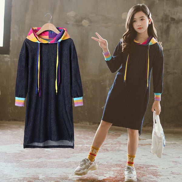 Vestido Infantil Manga Larga Arcoíris en Denim Sólido