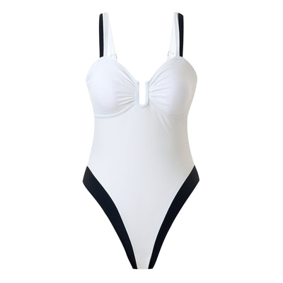 White one-piece women's swimsuit with black side panels and straps, featuring a ruched bust and U-shaped detail. - Image 2