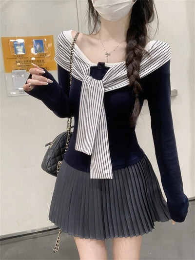 Blusa Rayas con Cordones y Encaje Manga Larga para Mujer - Image 8