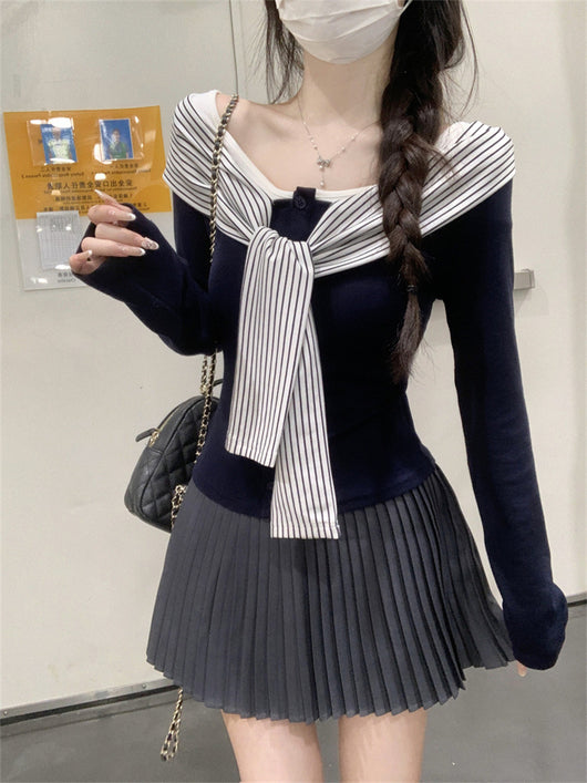 Blusa Rayas con Cordones y Encaje Manga Larga para Mujer - Image 8