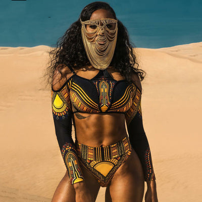Bikini Estampado de Cintura Alta con Manga Larga